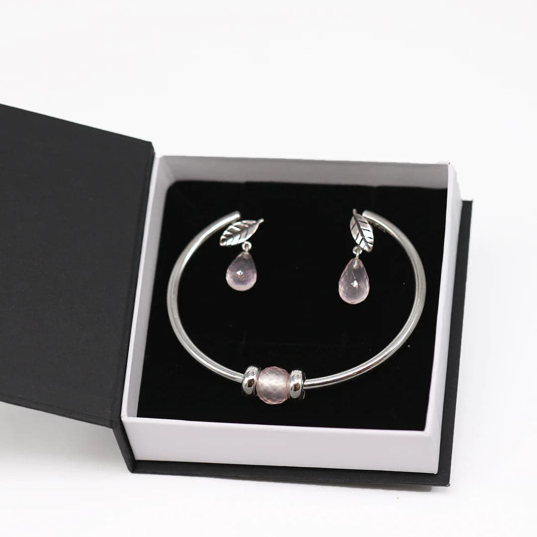 Rose Quartz Bangle & Earring Gift Set - L